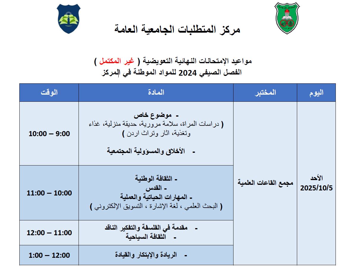 مواعيد الامتحانات النهائية التعويضية (غير المكتمل) الصيفي 2024.JPG